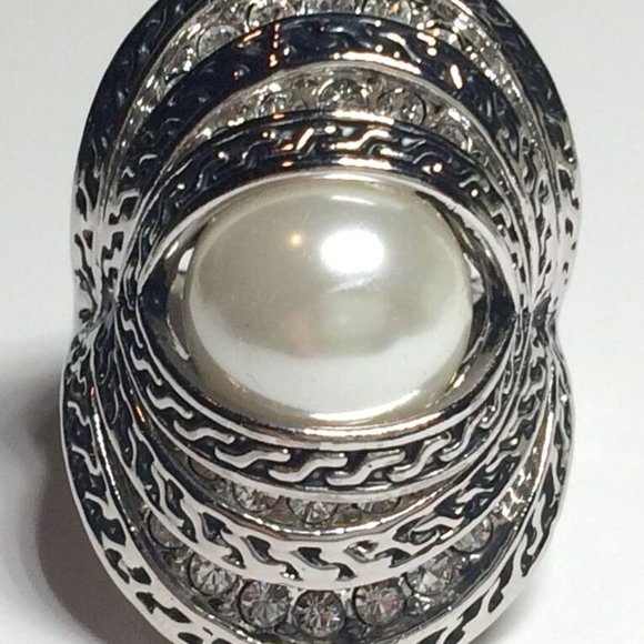 Pearl Cocktail Ring Size 6 Art Deco Statement Vintage Style Silver RhodiumPlated - Picture 7 of 12